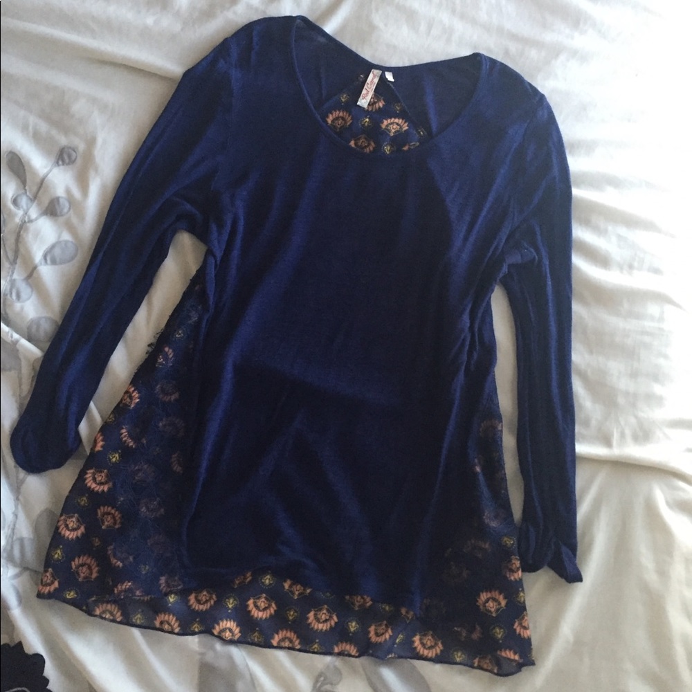 Blue and coral lotus print long sleeve shirt